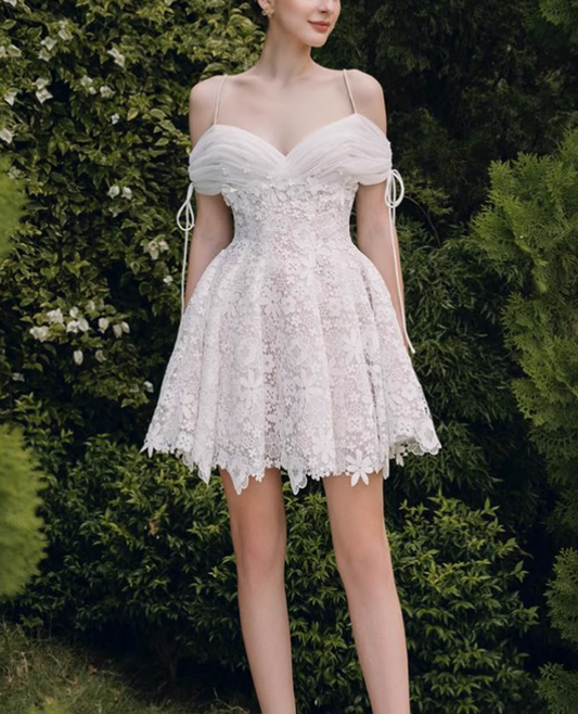 Vintage White Spaghetti Strap Appliqued A-line Party Dresses Homecoming Dresses, TP3797