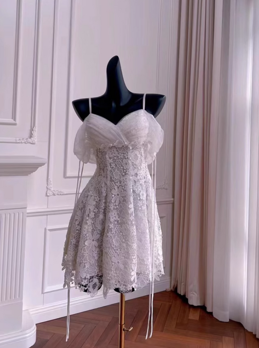 Vintage White Spaghetti Strap Appliqued A-line Party Dresses Homecoming Dresses, TP3797