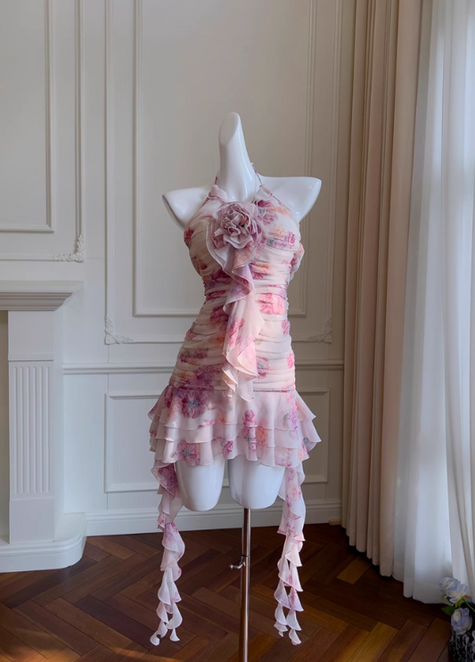 Sweet Floral Ruffled Hem Design A-line Halter Party Dresses Homecoming Dresses, TP3800