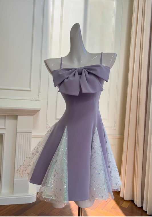 New Fashion Purple Bow Sequin Design A-line Spaghetti Strap Party Dresses Homecoming Dresses, TP3810