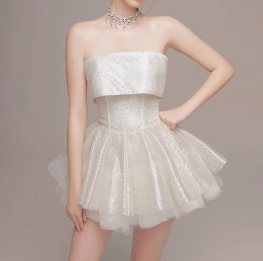 Cute Beige Sequin Ruffled Hem Design A-line Satin Strapless Party Dress Homecoming Dress TP3823