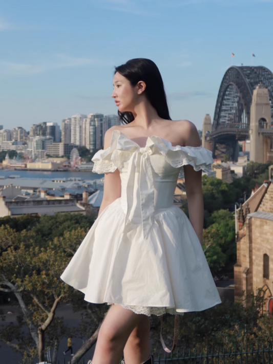 Simple White Off-the-shoulder Lace Bow Design A-line Party Dress Homecoming Dress TP3854