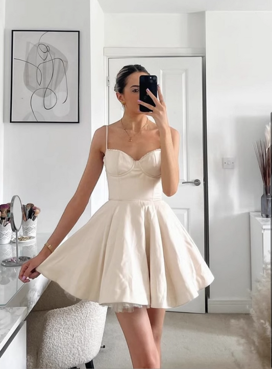 Fashion Beige Sweetheart Spaghetti Strap Design A-line Party Dress Homecoming Dress TP3860