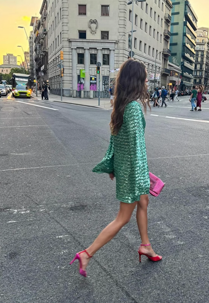 Fashion Green V-neck Sequin Design A-line Long-sleeved Women Party Dress Homecoming Dress TP3892