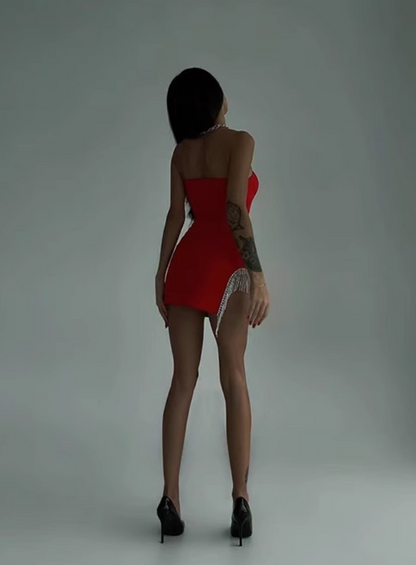 New Red Strapless Silver Tassel Design Sheath Party Dress Homecoming Dress TP3901