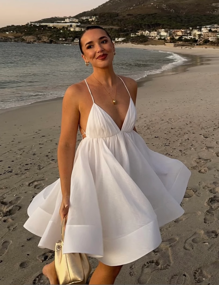 Fashion White V-neck Design A-line Spaghetti Strap Party Dress Homecoming Dress TP3903