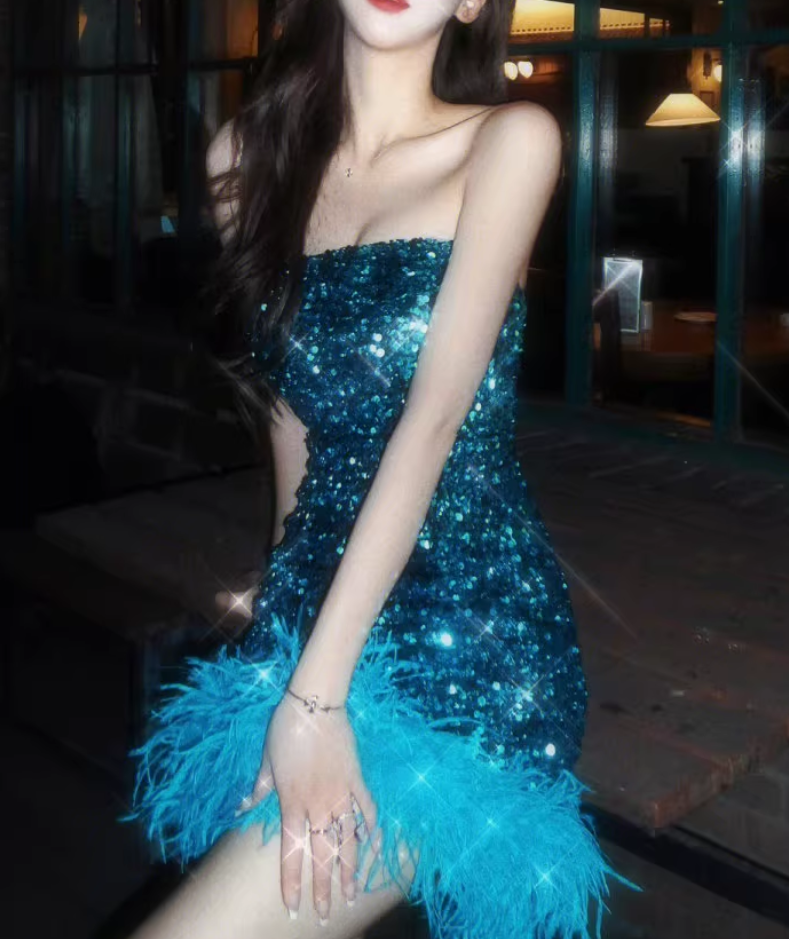 New Blue Sheath Sequin Design Strapless Feather Hem Party Dress Homecoming Dress TP3908