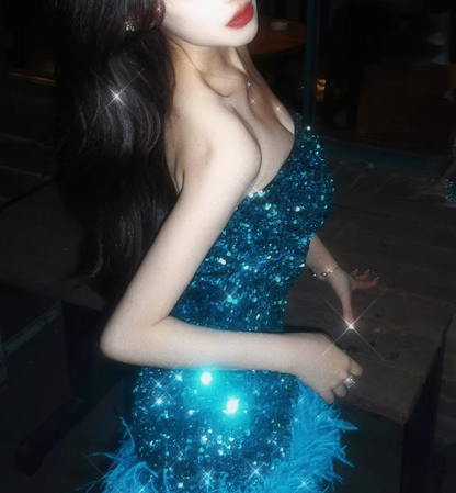 New Blue Sheath Sequin Design Strapless Feather Hem Party Dress Homecoming Dress TP3908