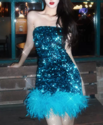 New Blue Sheath Sequin Design Strapless Feather Hem Party Dress Homecoming Dress TP3908