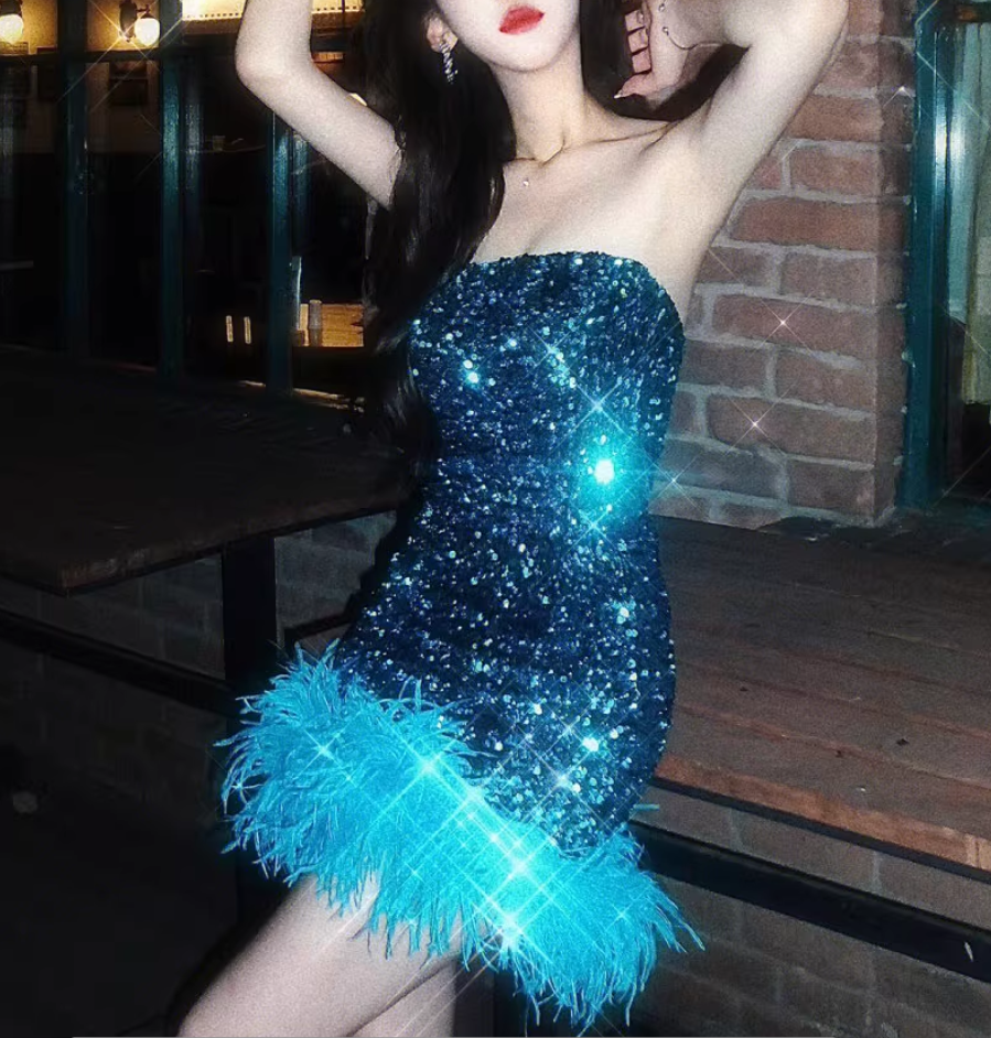 New Blue Sheath Sequin Design Strapless Feather Hem Party Dress Homecoming Dress TP3908