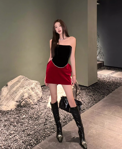 New Red & Black Patchwork Design A-line Strapless Party Dress Homecoming Dress TP3910