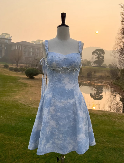 New Simple Blue Applique Spaghetti Strap A-line Short Homecoming Dresses TP3919