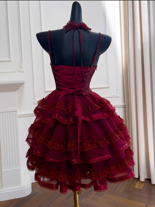Vintage Burgundy Sweetheart Lace Design Spaghetti Strap Tiered Homecoming Dress TP3953