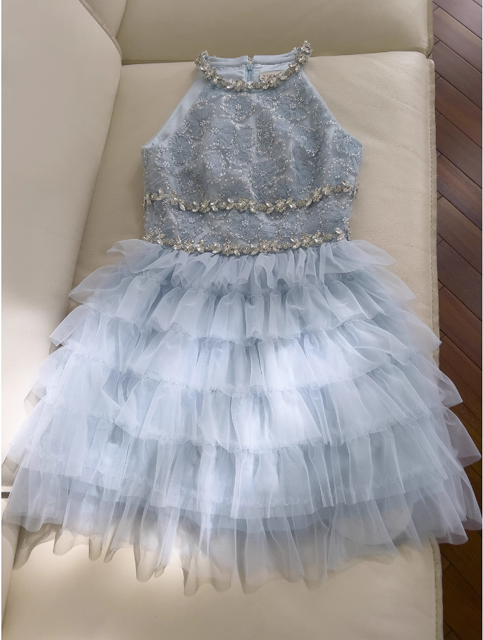 New Fashion Light Blue Beading A-line Tulle Short Tiered Party Dress Homecoming Dresses TP3928
