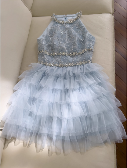 New Fashion Light Blue Beading A-line Tulle Short Tiered Party Dress Homecoming Dresses TP3928
