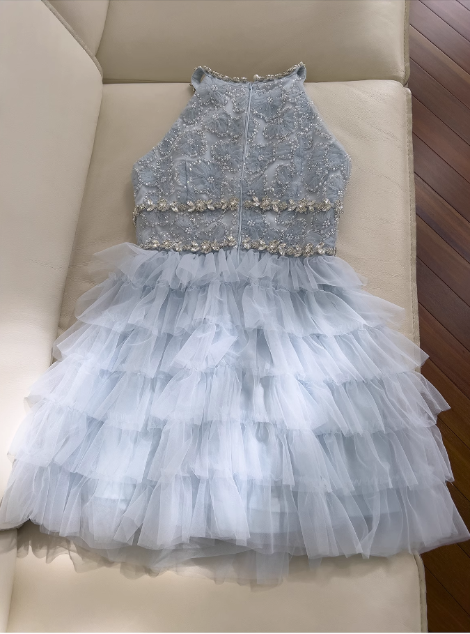New Fashion Light Blue Beading A-line Tulle Short Tiered Party Dress Homecoming Dresses TP3928