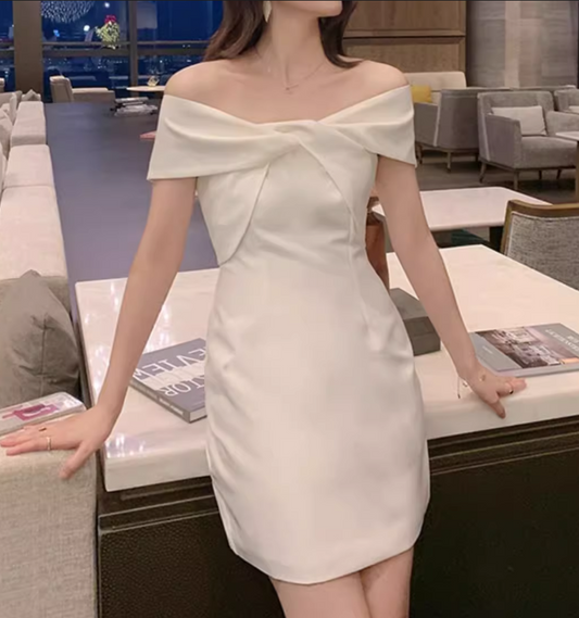 Vintage White Off-the-shoulder Satin Short Party Dress Homecoming Dresses TP3933