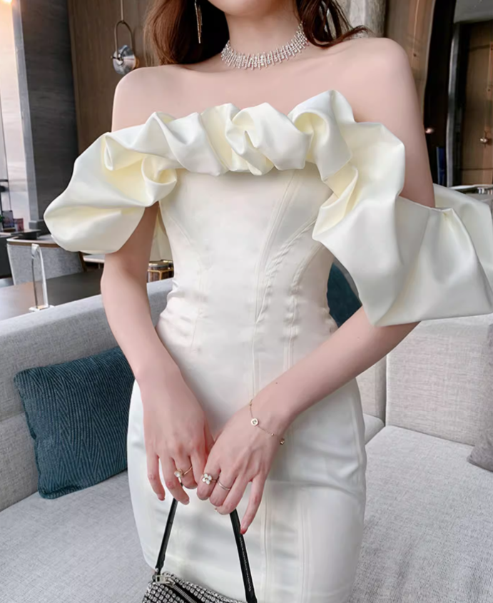 New Fashion White Off-the-shoulder Satin Sheath Short Party Dress Homecoming Dresses TP3934