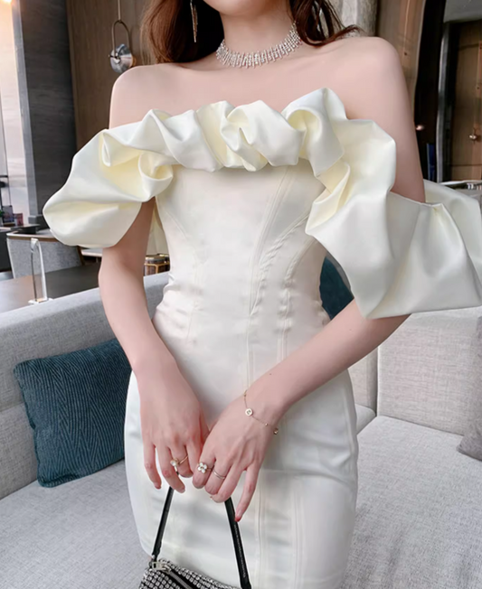New Fashion White Off-the-shoulder Satin Sheath Short Party Dress Homecoming Dresses TP3934
