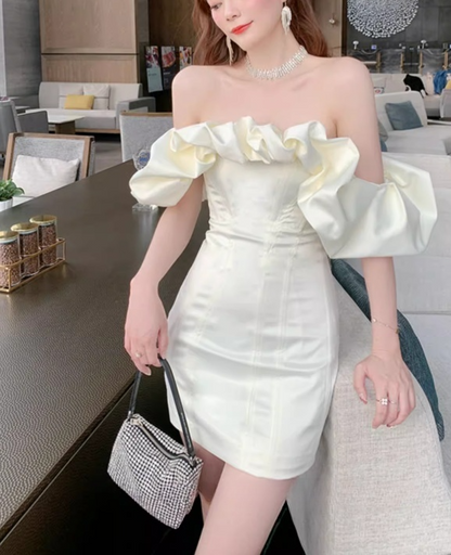 New Fashion White Off-the-shoulder Satin Sheath Short Party Dress Homecoming Dresses TP3934