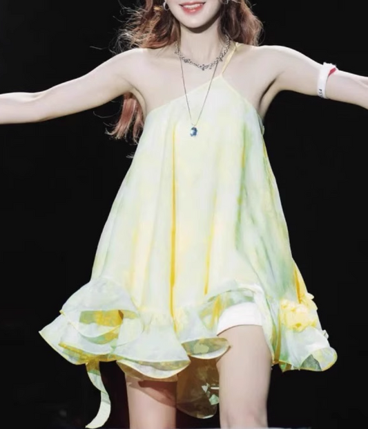 New Fashion Light Yellow Single Shoulder Strap Ruffled Hem Design Summer Party Dress Homecoming Dress TP3947