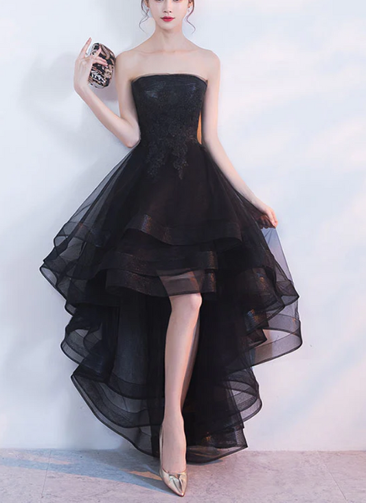Vintage Black Strapless Ruffled Hem Design A-line Tulle Party Dress Homecoming Dress TP4060