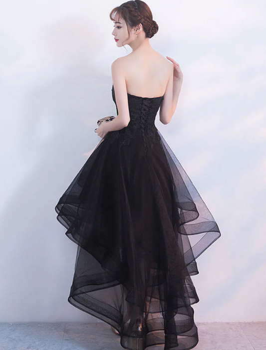 Vintage Black Strapless Ruffled Hem Design A-line Tulle Party Dress Homecoming Dress TP4060