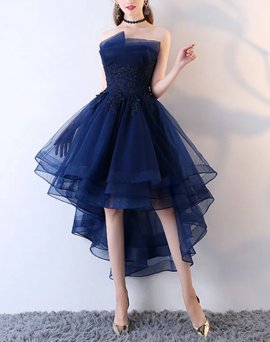 Retro Navy Blue Strapless Ruffled Hem Design A-line Tulle Party Dress Homecoming Dress TP4061