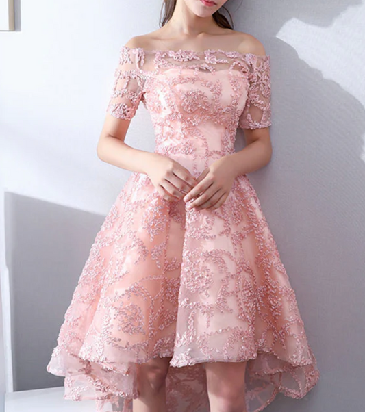 Vintage Pink Applique Off-the-shoulder Design A-line Tulle Party Dress Homecoming Dress TP4064