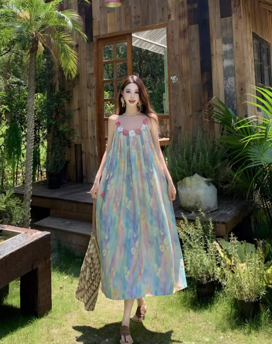 Vintage Floral Spaghetti Strap Design Elegant Beach Holiday A-Line Sleeveless Summer Dress TP4251