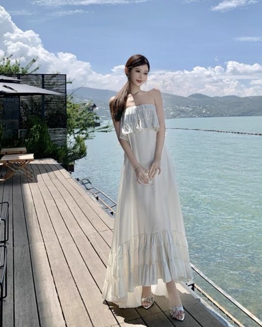 Vintage Ivory Strapless Ruffled Hem Design Elegant Beach Holiday A-Line Sleeveless Summer Dress TP4252