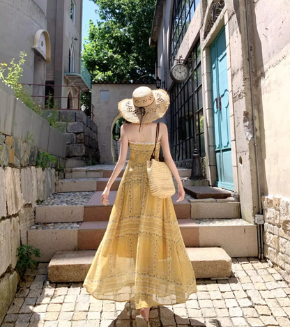 Vintage Yellow Bohemian Style Design Elegant Beach Holiday A-Line Sleeveless Halter Dress Summer Dress Party Dress TP4253