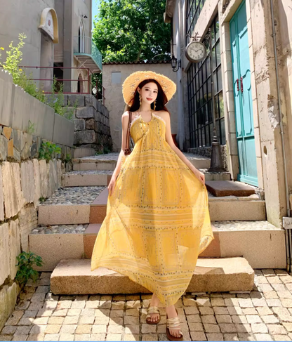 Vintage Yellow Bohemian Style Design Elegant Beach Holiday A-Line Sleeveless Halter Dress Summer Dress Party Dress TP4253