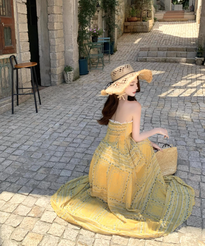 Vintage Yellow Bohemian Style Design Elegant Beach Holiday A-Line Sleeveless Halter Dress Summer Dress Party Dress TP4253