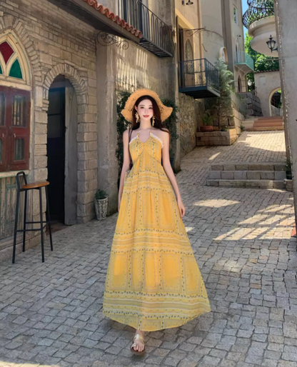 Vintage Yellow Bohemian Style Design Elegant Beach Holiday A-Line Sleeveless Halter Dress Summer Dress Party Dress TP4253