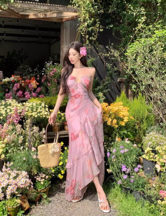 Vintage Pink Floral Irregular Hem Design Elegant Beach Holiday A-Line Sleeveless Halter Dress Summer Dress Party Dress TP4254
