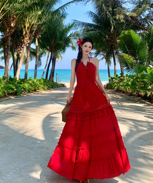 Vintage Burgundy V-neck Design Elegant Beach Holiday A-Line Sleeveless Halter Dress Summer Dress Party Dress TP4255