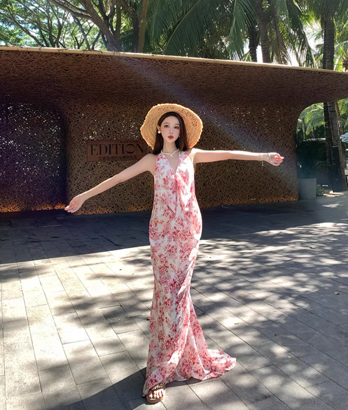 Vintage Pink Floral V-neck Design Elegant Beach Holiday Mermaid Sleeveless Halter Dress Summer Dress Party Dress TP4256