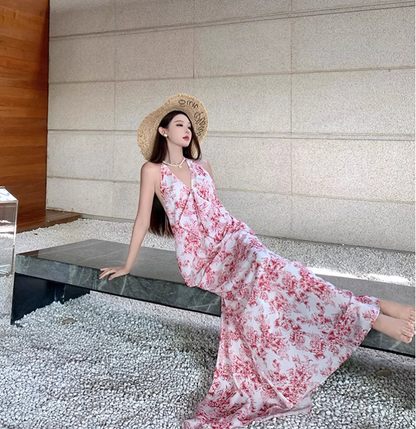 Vintage Pink Floral V-neck Design Elegant Beach Holiday Mermaid Sleeveless Halter Dress Summer Dress Party Dress TP4256