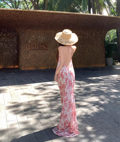 Vintage Pink Floral V-neck Design Elegant Beach Holiday Mermaid Sleeveless Halter Dress Summer Dress Party Dress TP4256