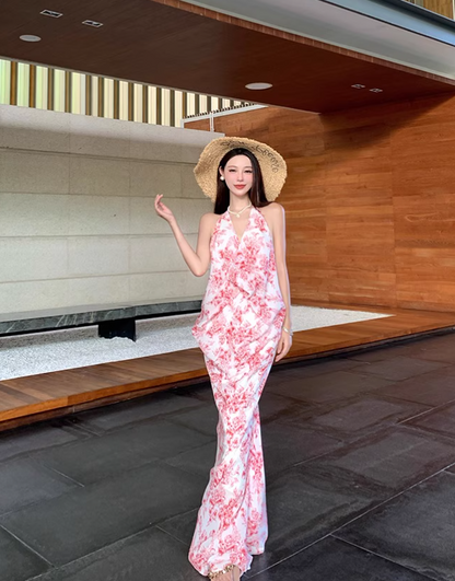 Vintage Pink Floral V-neck Design Elegant Beach Holiday Mermaid Sleeveless Halter Dress Summer Dress Party Dress TP4256