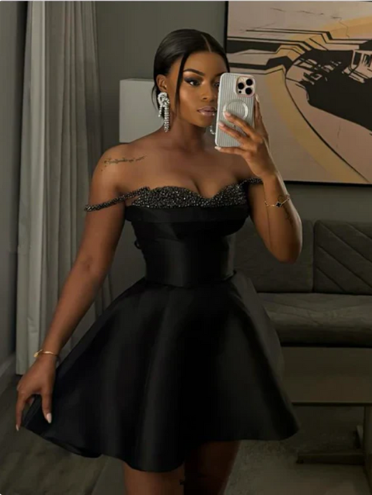 Vintage Black Beaded Satin Sweetheart A-Line Homecoming Dress Party Dress Cocktail Dress TP4733