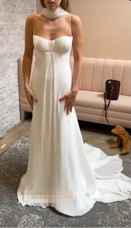 Elegant Crystal Cream Prom Dress Sheath Pleated Evening Gown Spaghetti Strap Party Dress Long Formal Dress TP4759