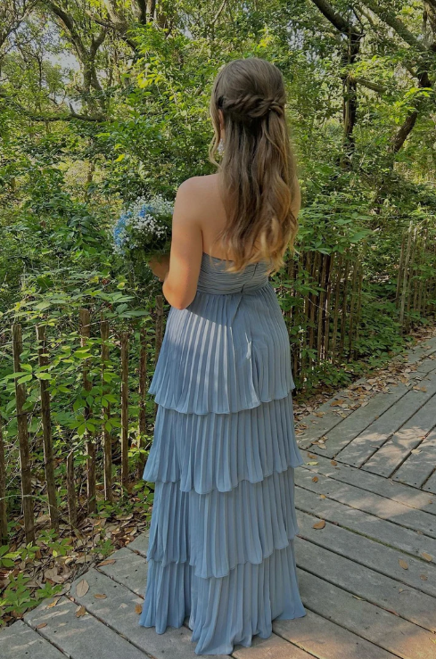 Elegant Chiffon Strapless Prom Dress Sheath Pleated Evening Gown Tiered Party Dress Long Formal Dress TP4791