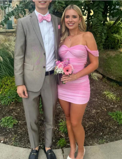 Vintage Pink Sweetheart Off-the-shoulder Sheath Bodycon Homecoming Dress Party Dress Short Cocktail Dress TP4812