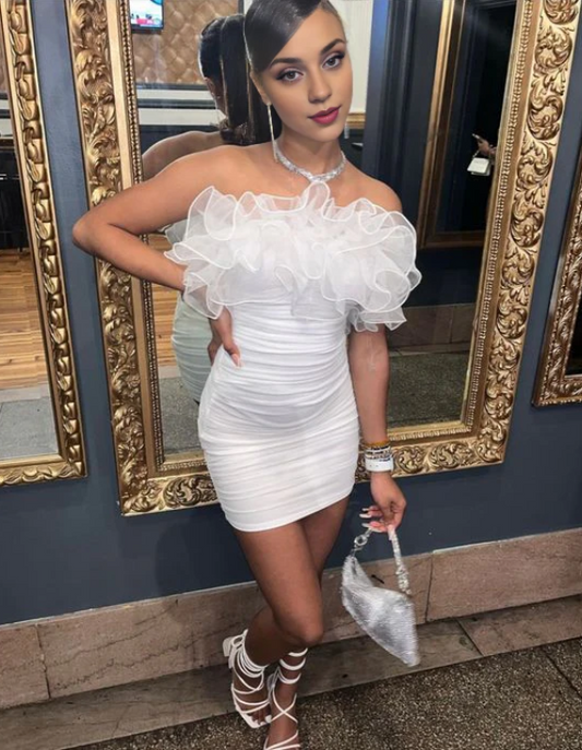Vintage White Strapless Ruffles Homecoming Dress Sheath Bodycon Party Dress Short Cocktail Dress TP4801