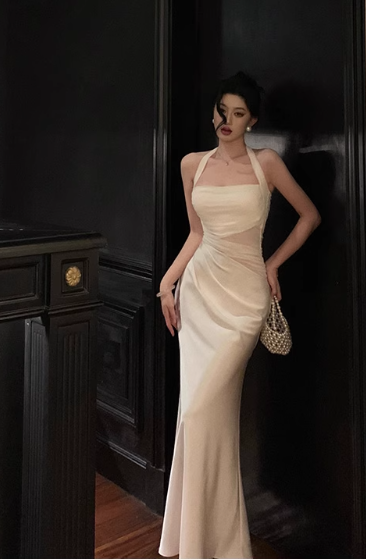 Elegant Cream Satin Halter Neck Sheath Ruched Evening Gown TP5118