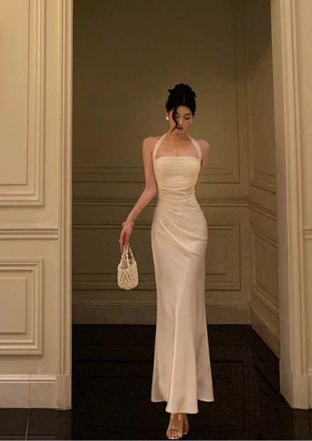 Elegant Cream Satin Halter Neck Sheath Ruched Evening Gown TP5118