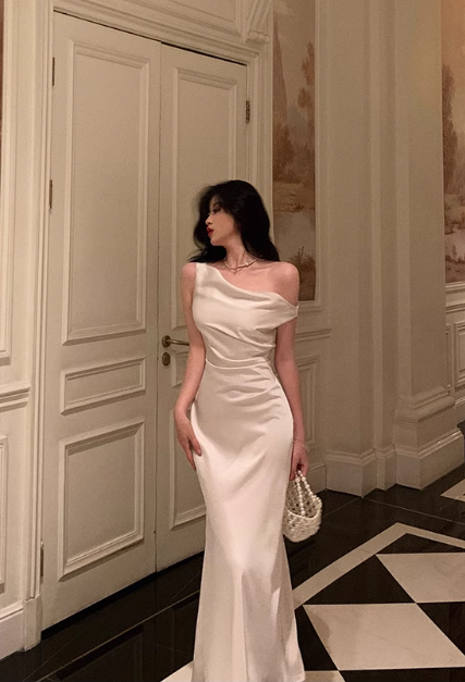 Elegant Cream Satin One-shoulder Sheath Ruched Evening Gown TP5119