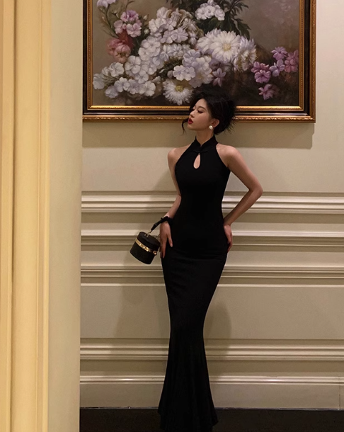 Elegant Black Sleeveless Mermaid Draped Ruched Evening Gown TP5121